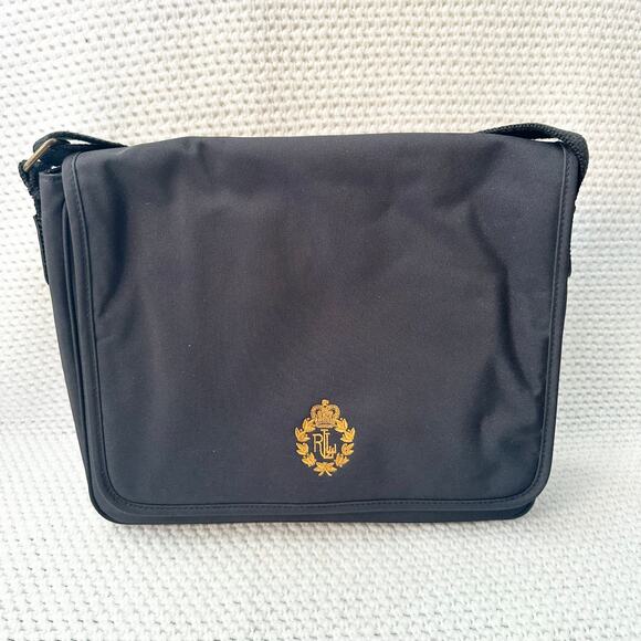Lauren Ralph Lauren Vintage Black Front Flap Messenger Bag Gold Crest Unisex - Picture 1 of 7